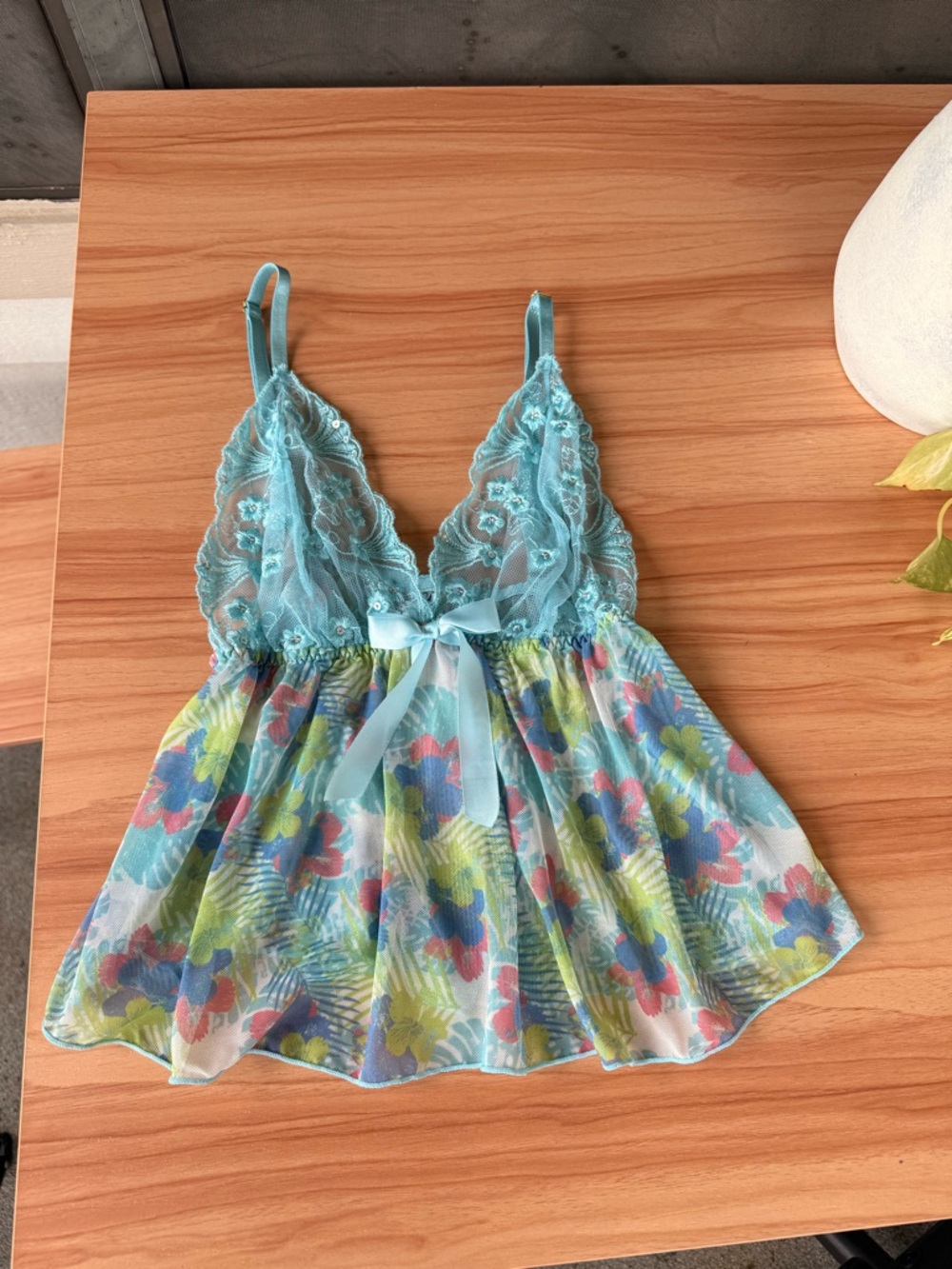 Aqua Lace Floral Chiffon Babydoll